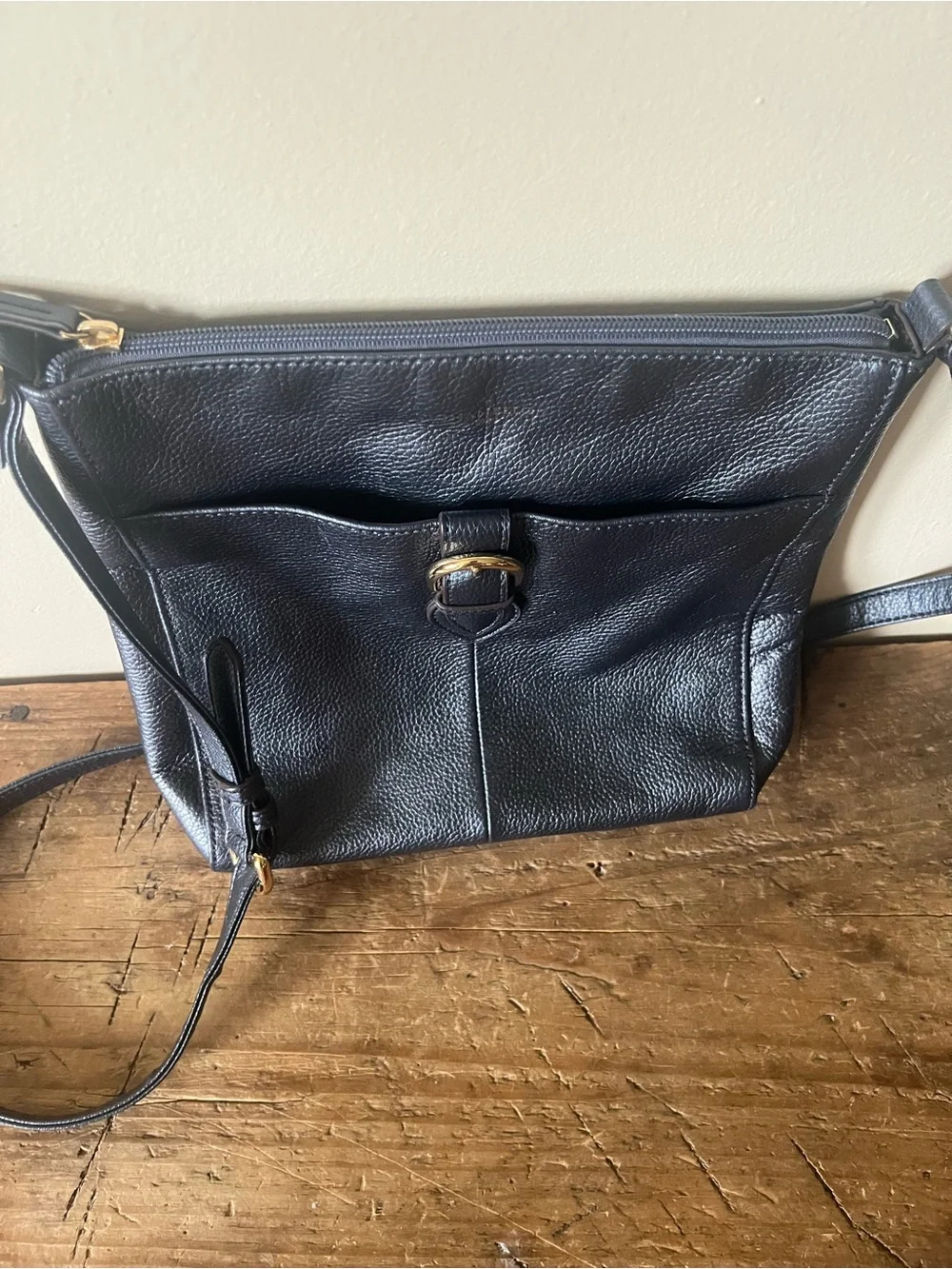 Tignanello Leather Metallic Dark Blue Crossbody with Gold Accents